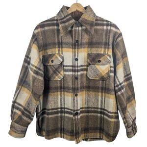 Vintage Shacket Work Wear 70s Brown Gold Plaid Wool Blend Button Up Shirt Jacket
